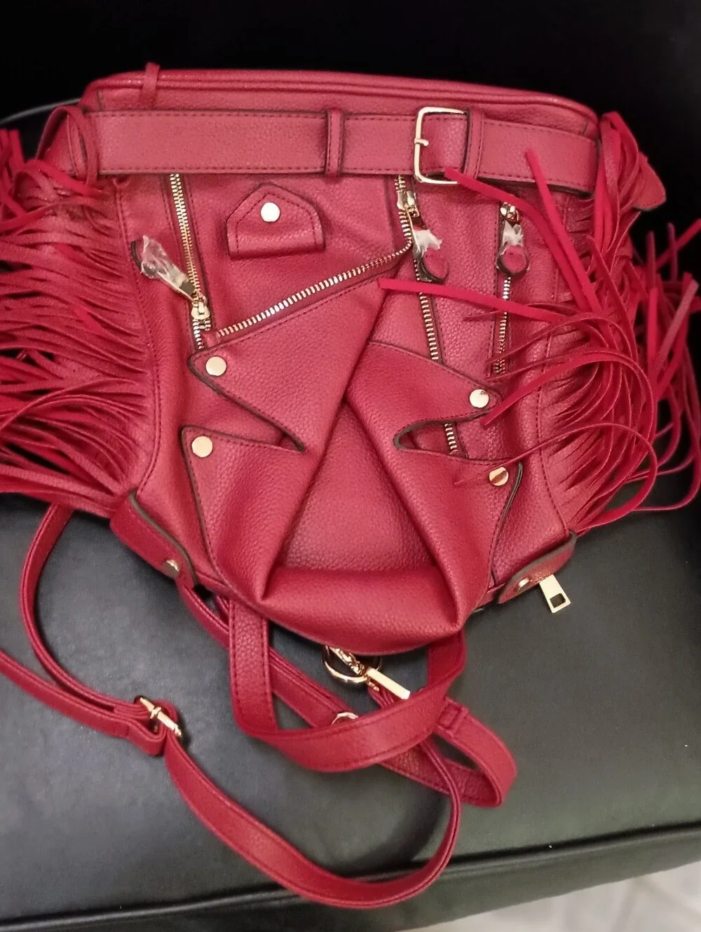 Fringed Faux Leather Moto Tote Bag in Red